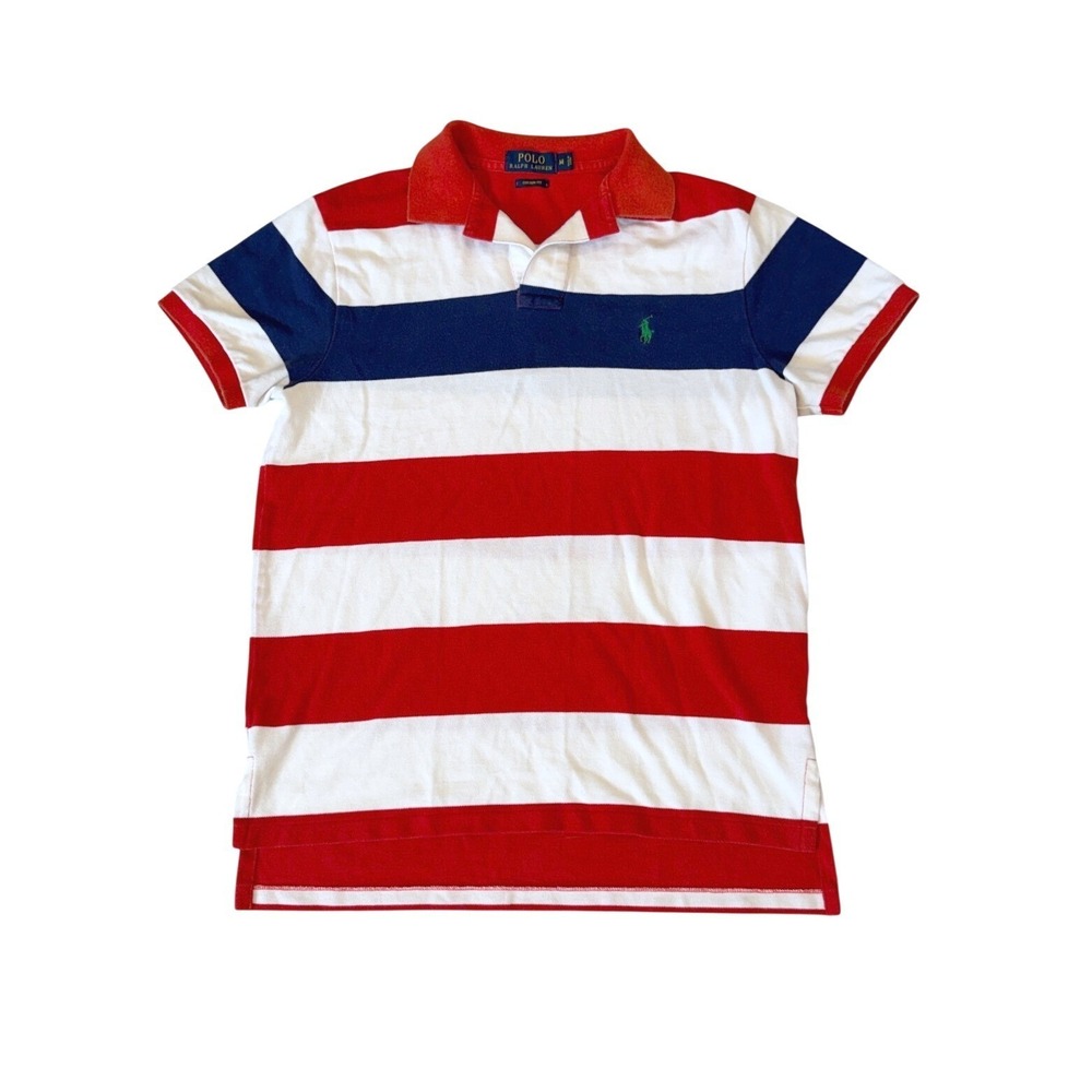 Polo Ralph Lauren Mens M Red White Blue Striped Rugby Polo Shirt Preppy USA